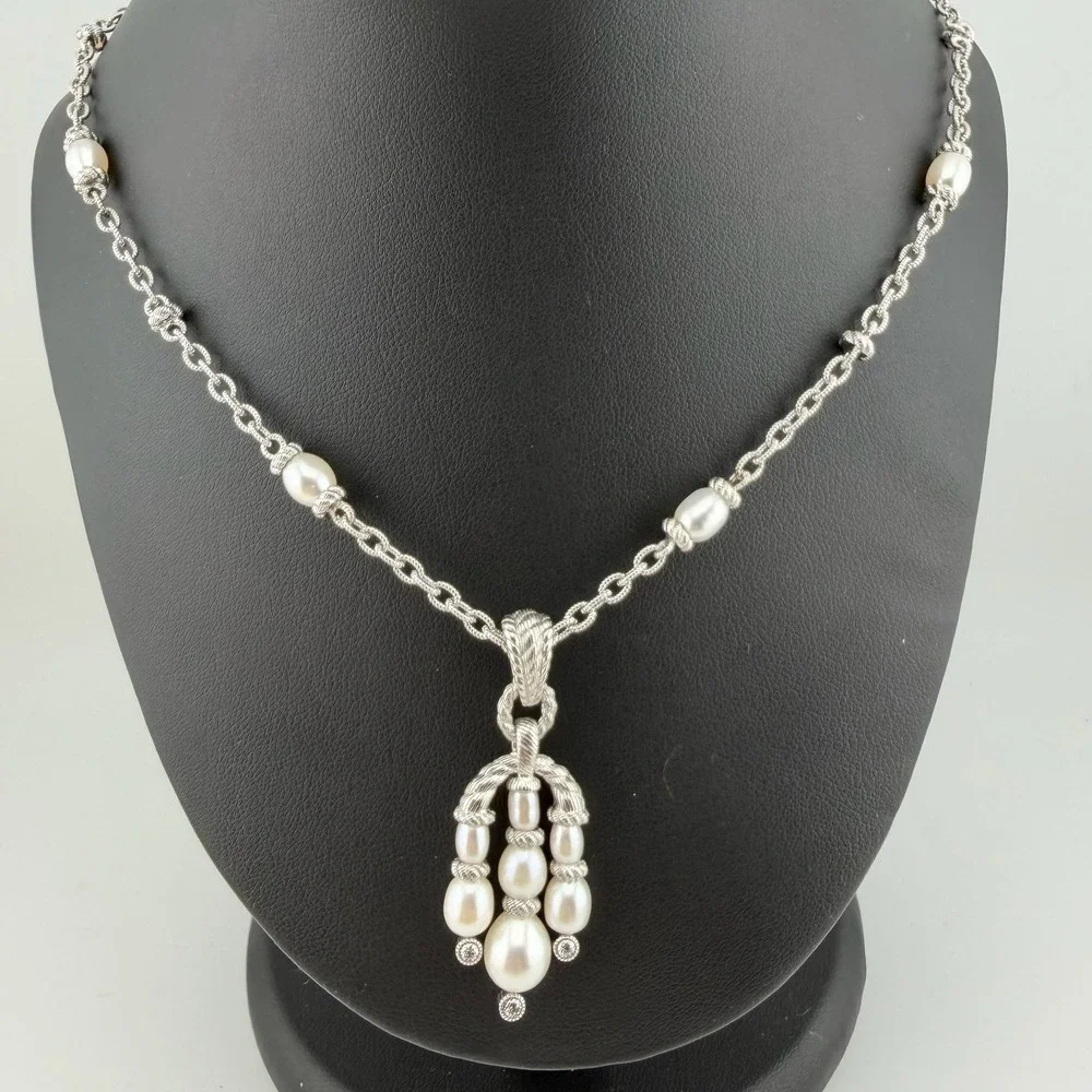 Judith Ripka Womens OS Silver Pearl Cable Twist Chandelier Pendant Necklace Set